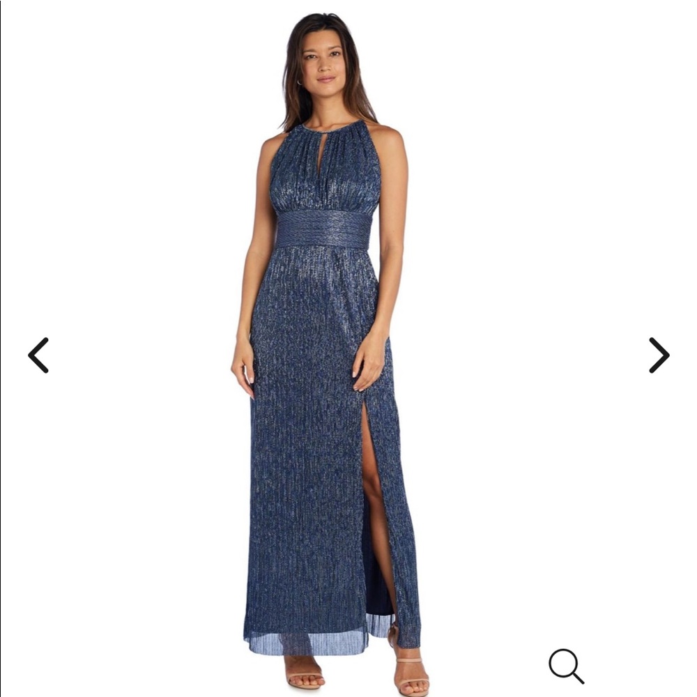 NWT,R & M Richards,Metallic Halterneck Gown with Thigh Split.Blue